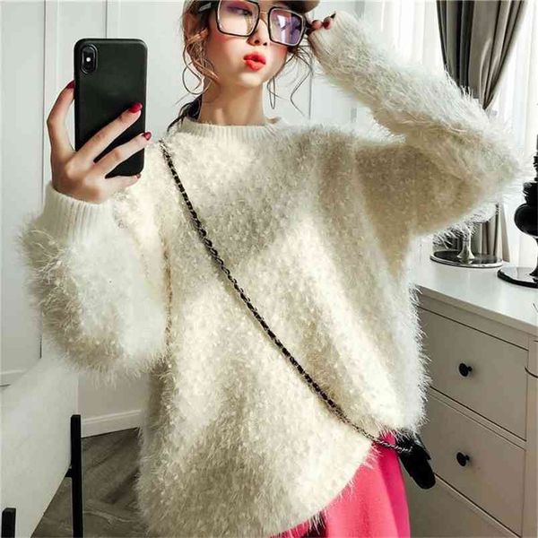 

polka-dot long-hair tassel knitted sweater women solid color long-sleeved loose lazy wind turtleneck pullover female 210427, White;black