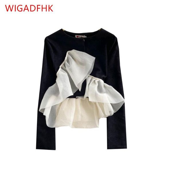 

women's jackets autumn and winter suit jacket ladies mesh stitching ruffle short fashion small fragrant wind black, Black;brown