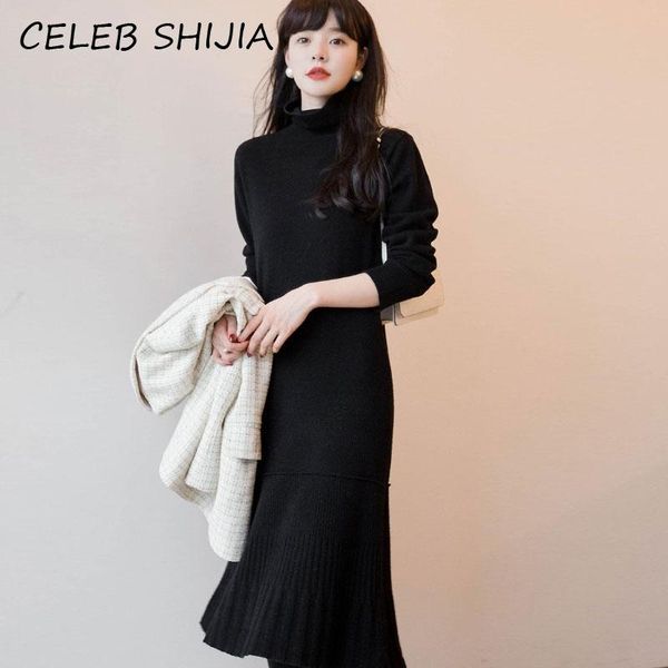 

turtleneck knit dress woman long-sleeve black solid casual streetwear sweater ladies vestido female autumn winter dresses, Black;gray