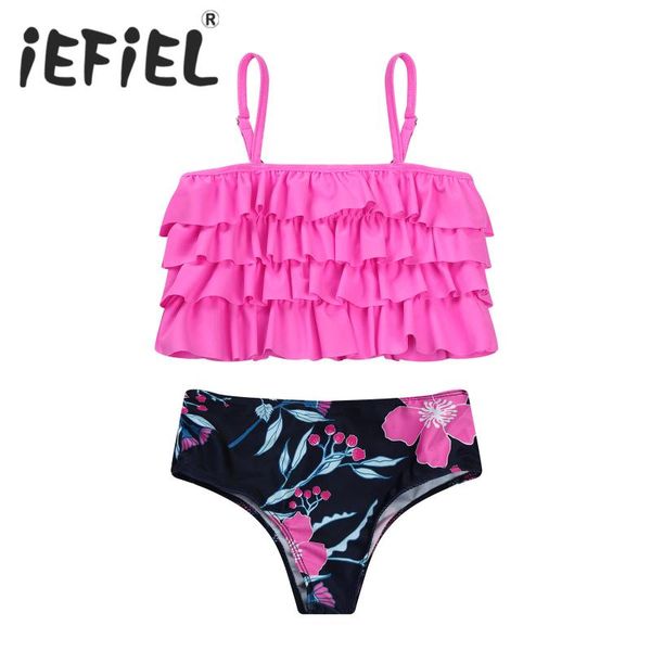 

one-piece suits 4-14 years kids girls tankini set floral print sleeveless ruffled racerback tank with bikini triangle briefs swimwear s