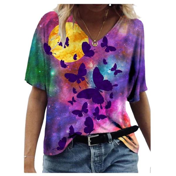 

butterfly 3d tie dye print t shirt women short sleeve v-neck loose plus size casual tee lady streetwear t-shirt summer 2021 women's, White
