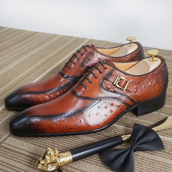 

dress shoes luxury men oxford brown black ostrich leather prints pointed toe lace up buckle formal office wedding for