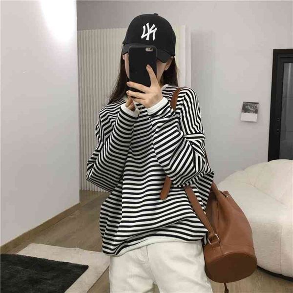

women's sweater 2021 spring and autumn new korean pullover striped cotton loose large coat lazy style, Black