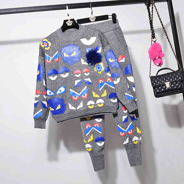 

women's two piece pants autumn new fashion print knitted set women loose long sleeve sweater + pencil 2pcs female knit pullover tr, White
