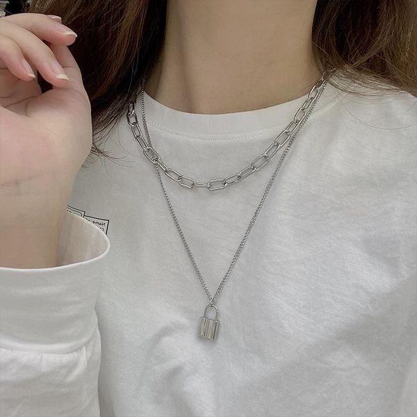 

chains multilayer padlock pendant necklace chunky chain punk stainless steel for women fashion statement jewelry, Silver