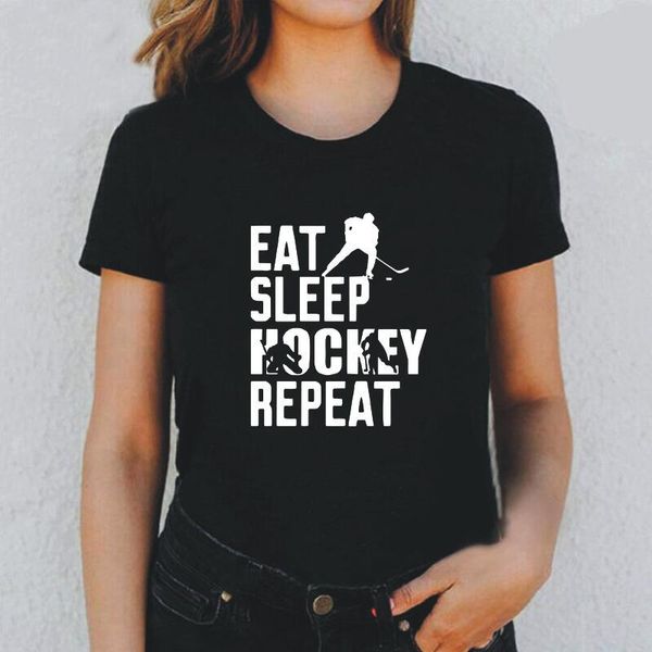 

women's t-shirt summer eat sleep hockey repeat t shirt women canada casual hockeyer gift tee femme camiseta mujer, White