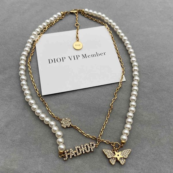 

designer jewelry letter pearl double layer butterfly necklace, Silver