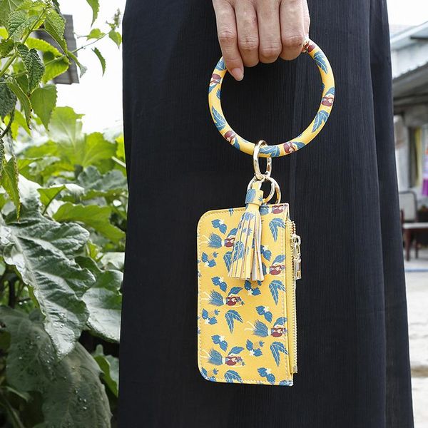 

card holders circle wristlet holder keychain wallet pu leather pendant lipstick bag wrist strap durable key chains purse, Brown;gray