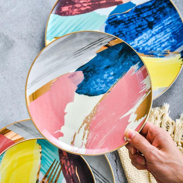 

dishes & plates gold watercolor creative ceramic plate steak dessert fruit dish family el use ins tableware 1set