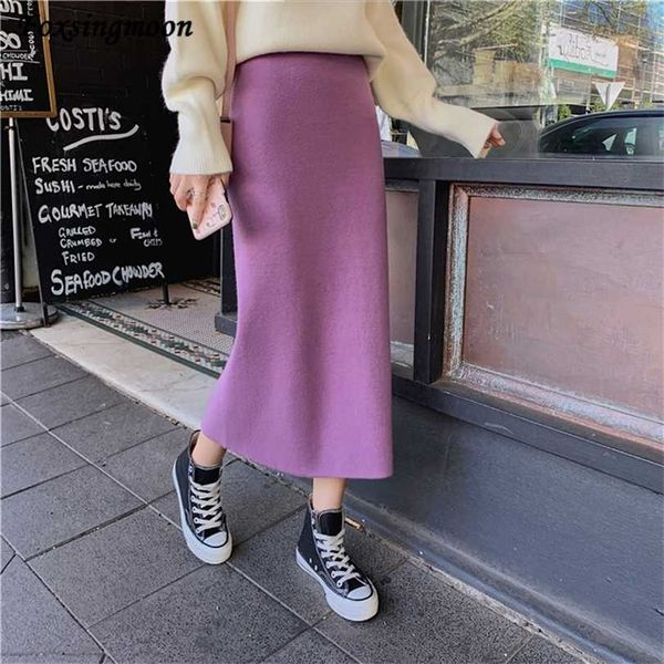 

high elastic waist women long skirt knitted pencil wool autumn split s female black winter solid knitting one-step 211124