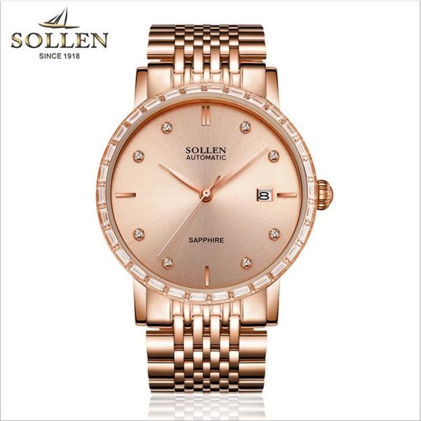 

wristwatches luxury men crystals sapphire watches brand imported automatic self-wind watch calendar gold plated full steel wrist zircon, Slivery;brown
