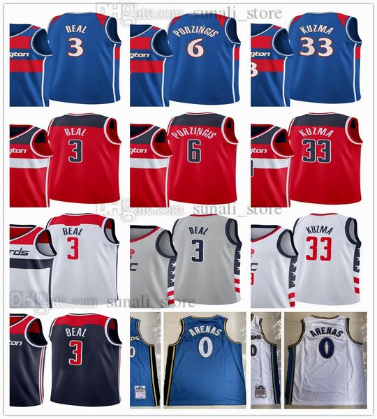 

2022 basketball bradley 3 beal jerseys kyle kuzma 33 kristaps porzingis 6 gilbert arenas 0 city blue white edition men women kids, Black;red