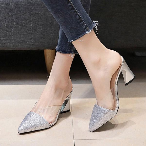 

slippers 2021 summer shoes high heels silver wedding bridal pointed toe slides transparent pumps gold zapatos mujer 8152c, Black