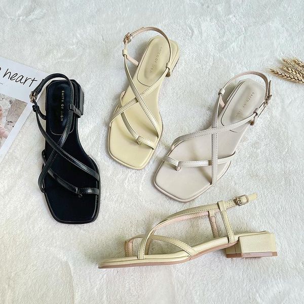 

sandals split toe white shoes 2021 slippers women's summer wear fashion back low heel sapato feminino designer, Black