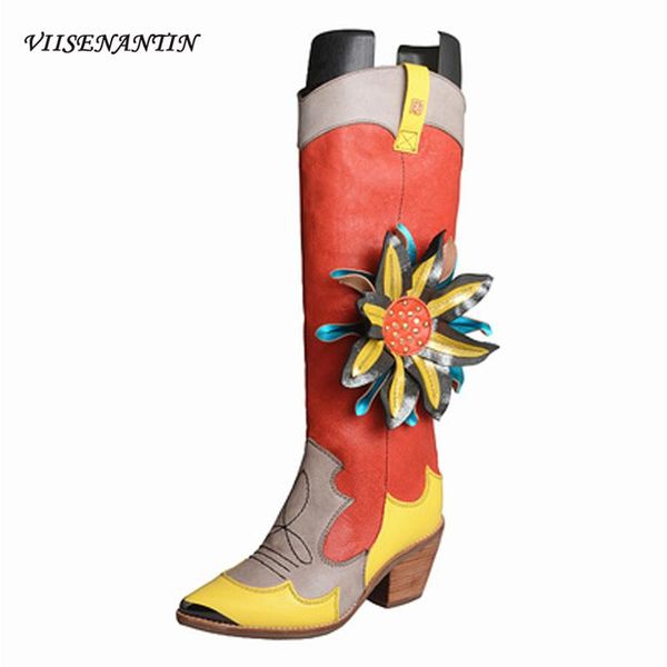 

boots cool cowboy long big flower handmade pointed toe patchwork chunky heel bootie real leather, Black