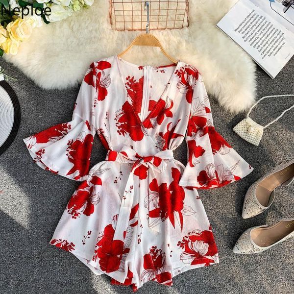 

women's jumpsuits & rompers nepole chiffon flower print women casual v-neck flare sleeve sashes playsuit 2021 summer vacation short jum, Black;white
