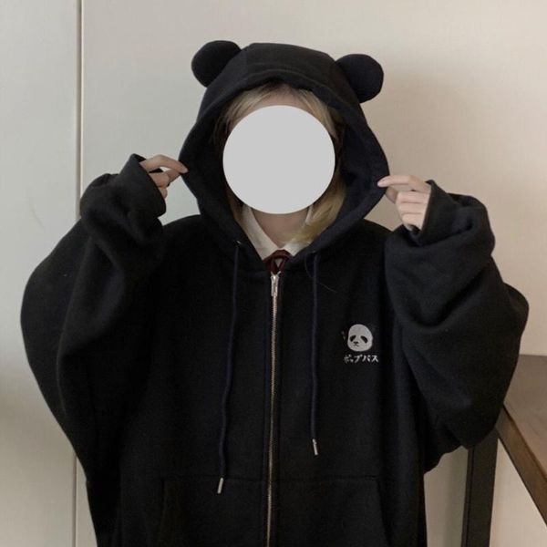 

women's hoodies & sweatshirts women cute panda ear casual zip up long sleeve lady clothes chic bf cartoon hooded black