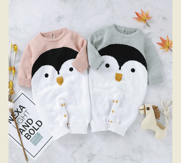 

cartoon penguin shape baby one-piece robe romper knitted long sleeve sweater winter warm jumpsuits, Blue