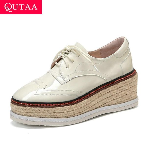 

dress shoes qutaa 2021 square toe wedge high heel ladies fashion platform women pumps cow leather lace up casual size34-39, Black