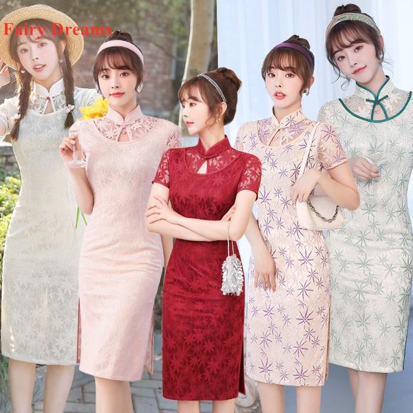 

chinese women cheongsam lace mid length 2021 improved water drop qipao daily banquet show slim dress retro lady clothing ethnic, Red