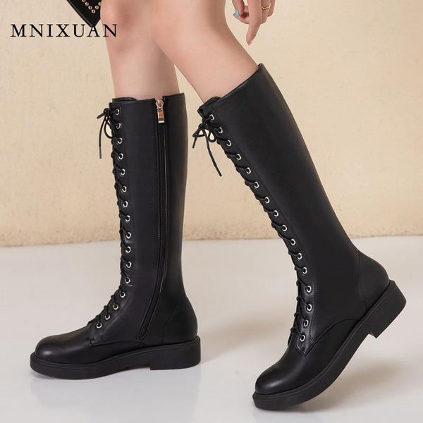 

boots plus size platform knee high british style 2021 winter lace up punk shoes zipper motorcycle long, Black