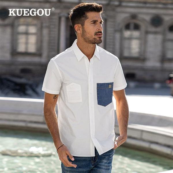

men's casual shirts kuegou100%cotton short sleeve white fashion shirt summer clothing patchwork pocket plus size 20539, White;black