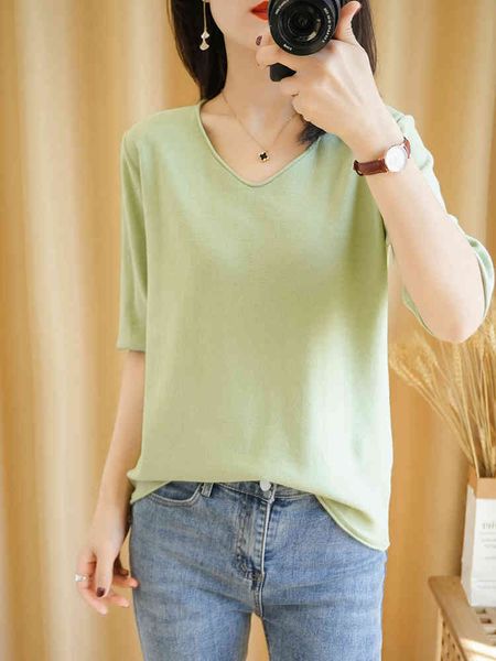 

women's sweaters pure cotton pullover women solid color casual knit sweater half sleeve v-neck slim plus size t-shirt mdtb, White;black