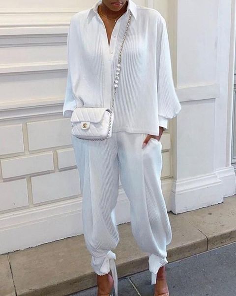 

women's two piece pants 2021 fashion suit screw loose stand collar long sleeve shirt pocket with lace up hem, White