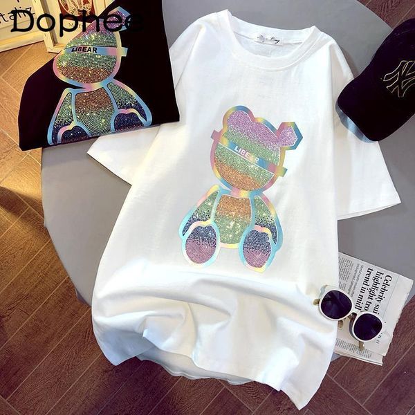 

women's t-shirt heavy drilling bear short-sleeved women 2021 loose casual pullover harajuku t shirt female diamond clothes, White