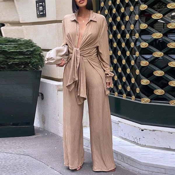

women's two piece pants women casual wide leg pant 2pc sets ladies elegant outfits 2021 autumn long sleeve floral printed tie-up &, White