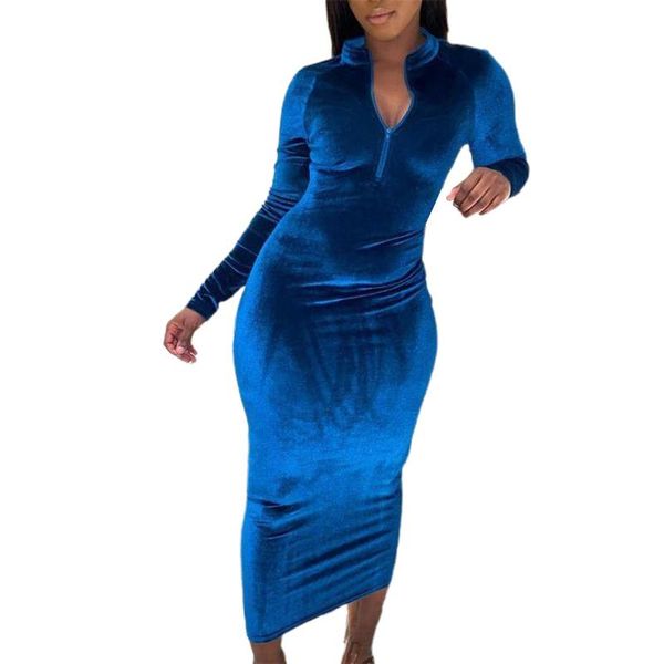 

casual dresses women solid robe femme long sleeve v neck slim zipper party evening dress vintage 2021, Black;gray