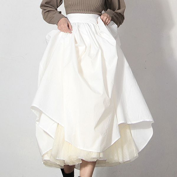 

skirts white patchwork mesh skirt for women high waist elegant midi skirts female fashion clothing 2021 spring tide, Black