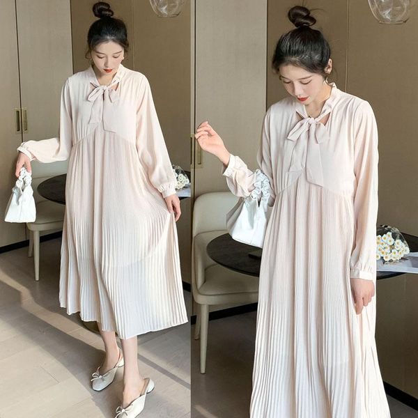 

622# maternity dress spring autumn chiffon plain color long sleeves loose stylish pregnant women mom dresses, White