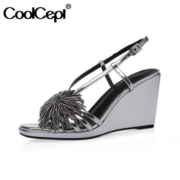 

sandals coolcept woman wedges string beads summer shoes fashion cool party club footwear size 34-391, Black