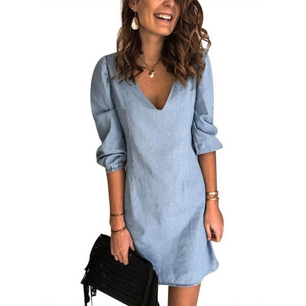 

casual dresses 2021 lady fall deep v neck solid color ol clothing, Black;gray
