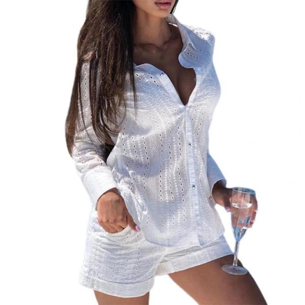 

women's tracksuits shorts suit women long sleeve turn-down collar two piece set embroidery eyelet solid color lace outfits, Gray