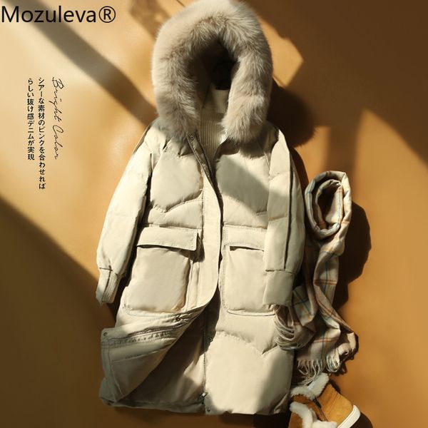 

real hair collar white duck down jacket women temperament big mouth bag winter coat long thickening 210427, Black