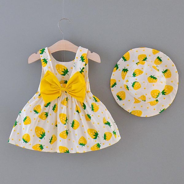 

girl's dresses 2piece born baby girls clothes dress toddler kids strawberry print princess hat outfits infant clothing 1-3y, Red;yellow