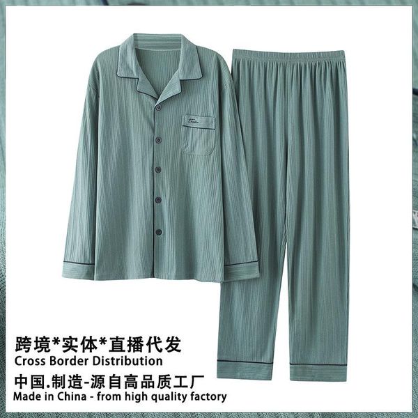 

men's sleepwear 2021 autumn knitted cotton pajamas long-sleeved breathable two-piece suit loose youth home wear men outdoor casual outf, Black;brown