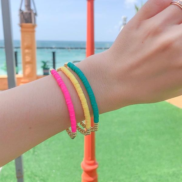 

charm bracelets quanchi gold beads for women handmade stretch stackable polymer clay bracelet pulseras jewelry, Golden;silver