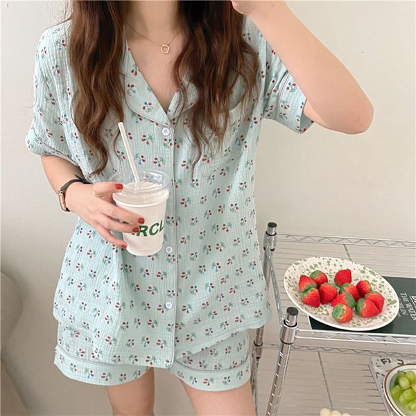 

women's sleepwear fresh print student's pajamas set short sleeve cotton gauze lapel summer pyjamas women buttons night pijamas sui, Black;red