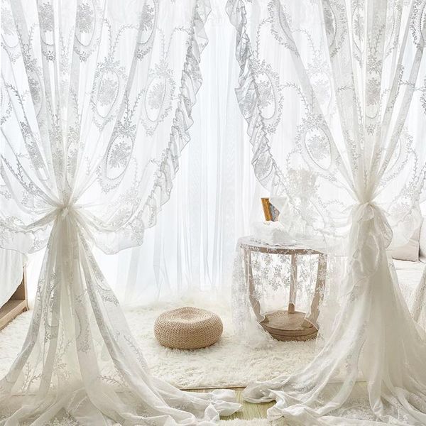 

curtain & drapes 1pcs rod pocket french retro white lace princess tulle for livingroom lotus leaf finished window sheer drape dl-m190d