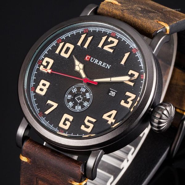 

wristwatches curren genuine leather strap men's wristwatch display week date quartz watch fashion business men watches relogio masculin, Slivery;brown