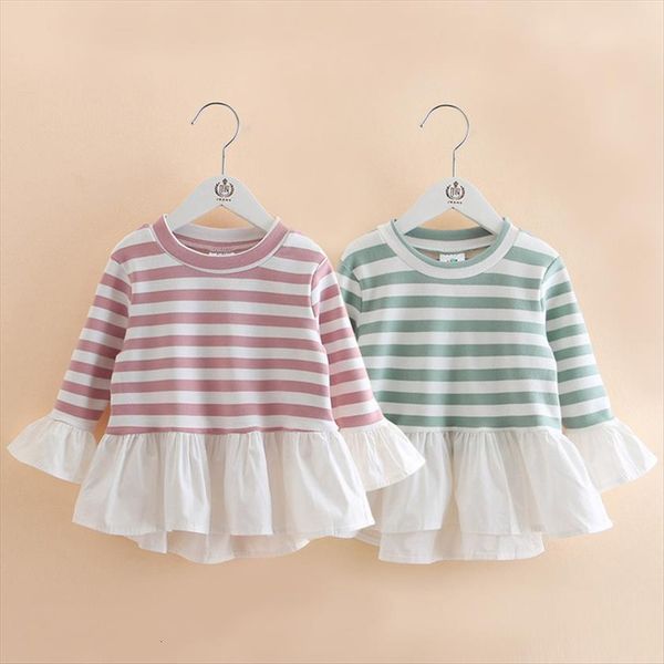 

spring fashion 2 10 years kids child tees o neck long sleeve stripe lace patchwork cotton autumn baby girls, Blue