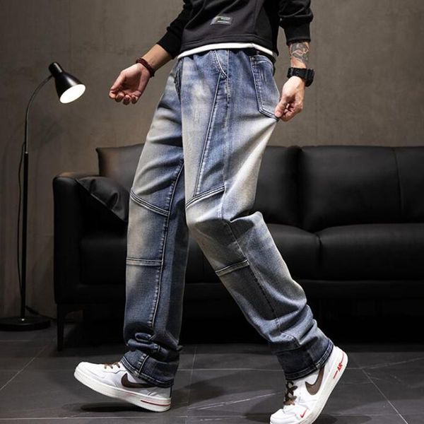 

men's jeans loose mens hiphop baggy denim pants leisure cargo trousers plus size s-4xl bottoms clothing, Blue