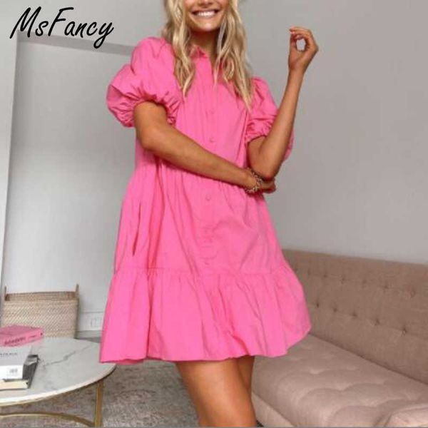 

msfancy summer plus size dress women short puff sleeve flounced edge loose vestido de mujer boho casual beach robes 210604, Black;gray