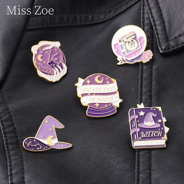 

pins, brooches witch crystal ball of castle enamel pins magic hat spell book moon star cat wizard badges for witches halloween jewelry, Gray