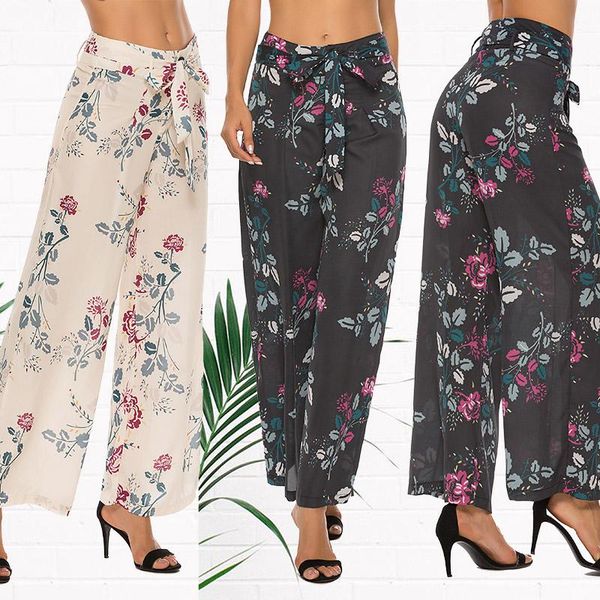 

women's pants & capris 2021 high waist women floral print bandage pleated wide leg chiffon casual great for party daily beach sweatpant, Black;white