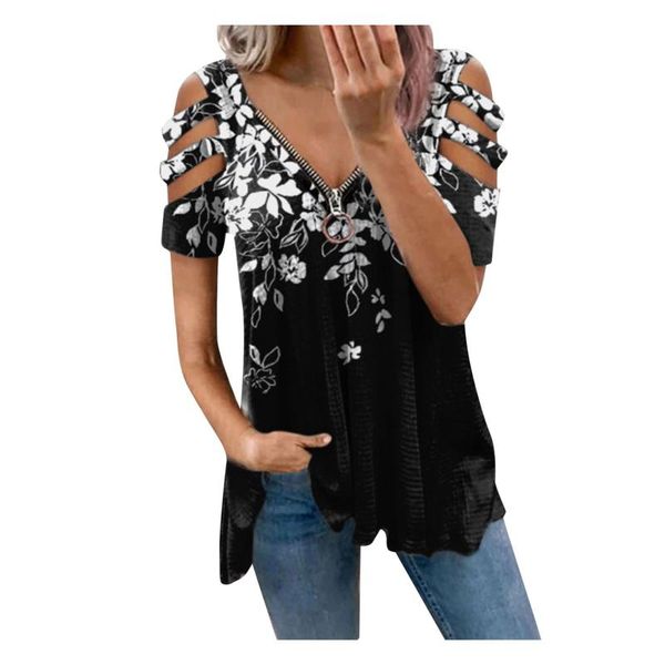 

women's t-shirt fashion v-neck elegant tee zipper solid color short sleeve casual loose strapless #t3g, White