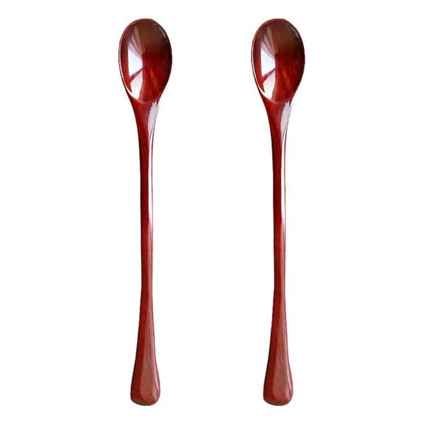 

spoons 2pcs practical long handle spoon wooden coffee honey stirring (red)